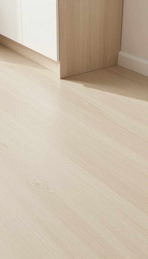 Close-up of luxury vinyl plank flooring in a small kitchen, light wood tone, matte finish, with natural light and cabinet edge visible.