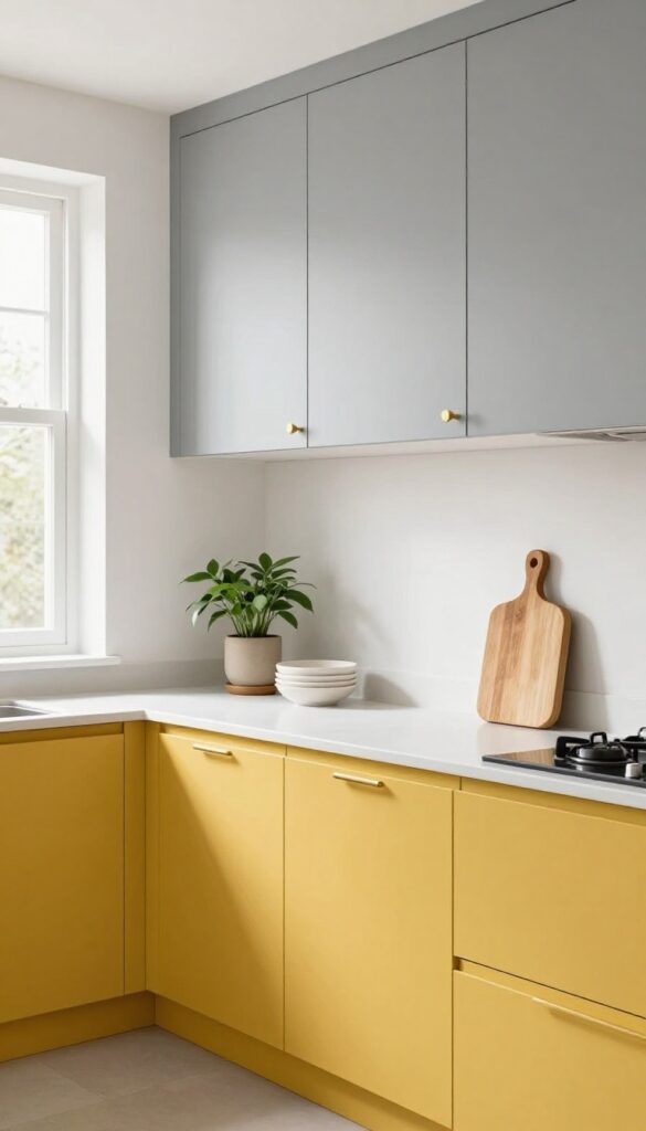 Kitchen with mustard yellow lower cabinets and gray upper cabinets, natural light, brushed brass hardware, clean countertops, open shelving, potted plant.