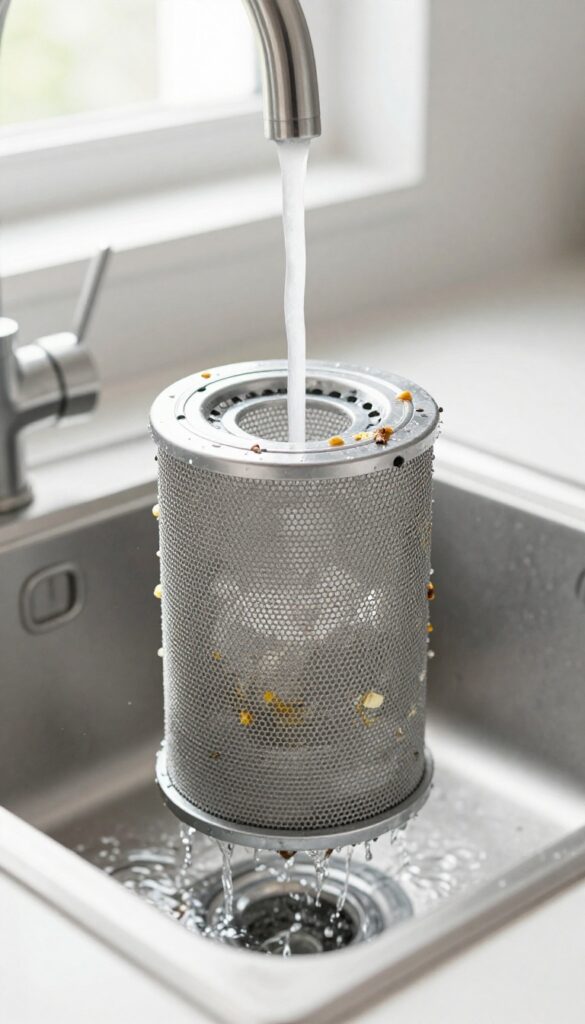 Close-up of a dishwasher filter being rinsed under hot water in a kitchen sink