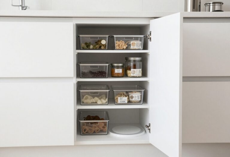 Organized small closet pantry with clear bins and labels in a modern kitchen