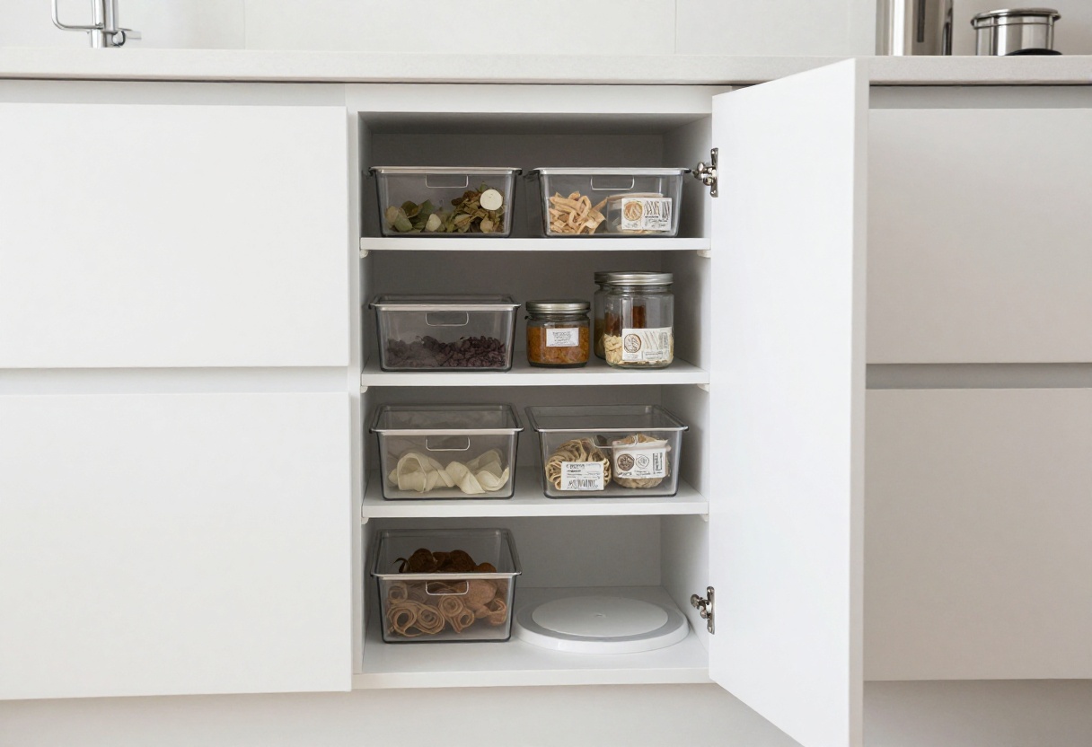 Organized small closet pantry with clear bins and labels in a modern kitchen