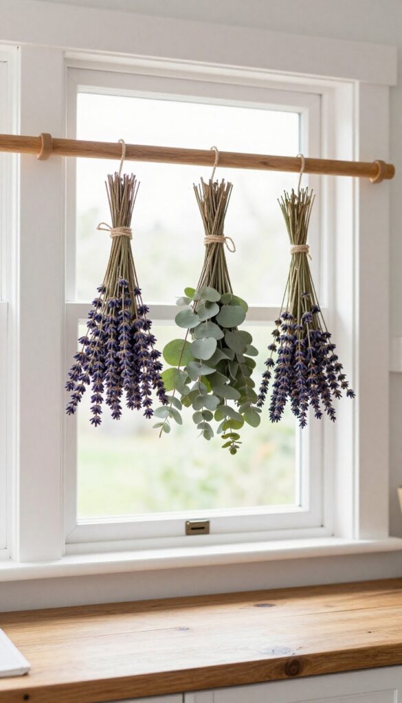 Dried lavender and eucalyptus hanging from a wooden rod above a kitchen window in a bright farmhouse kitchen.