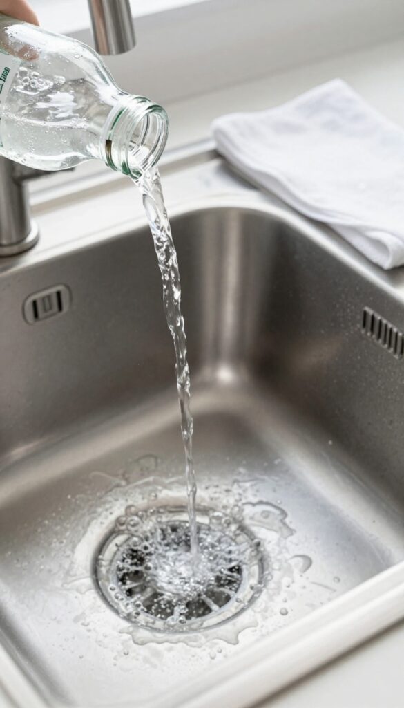 Pouring club soda onto a shiny stainless steel sink for a streak-free clean