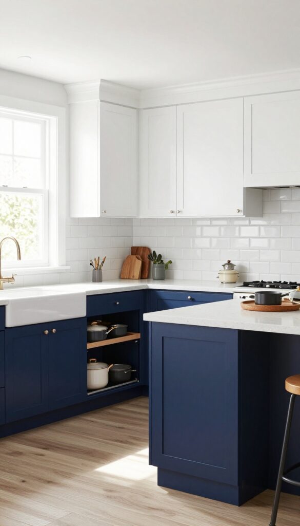 Modern kitchen with navy lower cabinets and white upper cabinets, natural light, organized storage