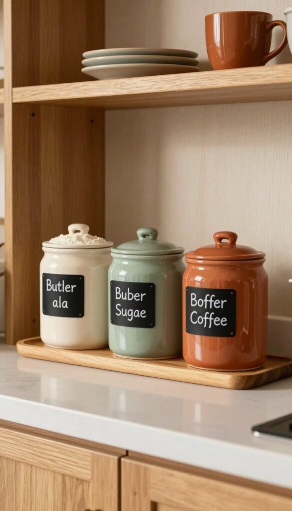Three labeled ceramic canisters on a wooden tray on a butler's pantry countertop, filled with pantry staples like flour, sugar, and coffee, with warm natural light.