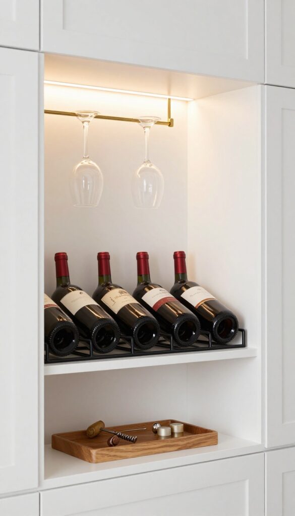 Kitchen niche with black metal wine rack and stemware hooks, warm LED lighting, and a small tray with wine accessories.
