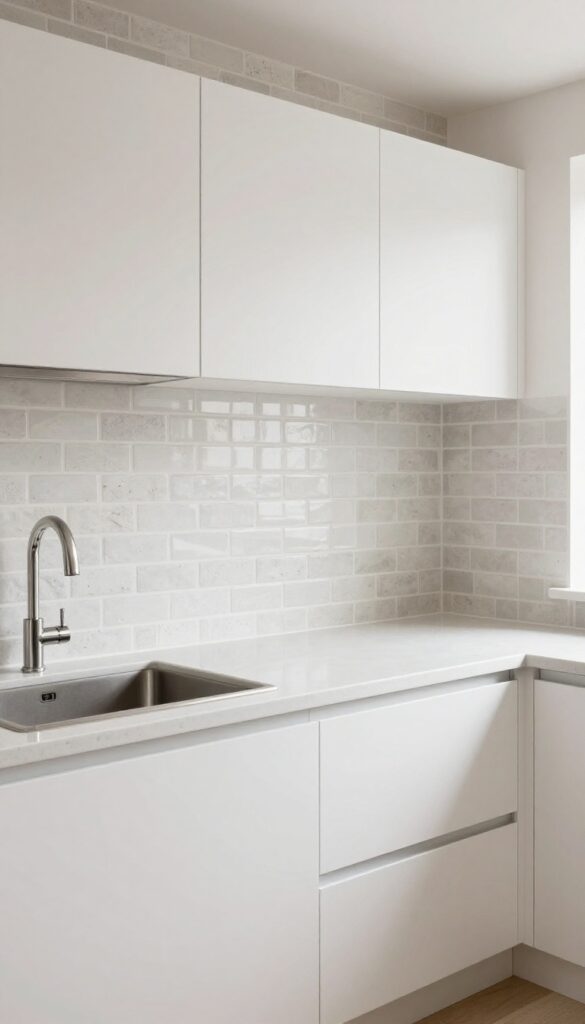 Modern kitchen with thin brick veneer on lower half of wall, white quartz countertop, and subway tile backsplash