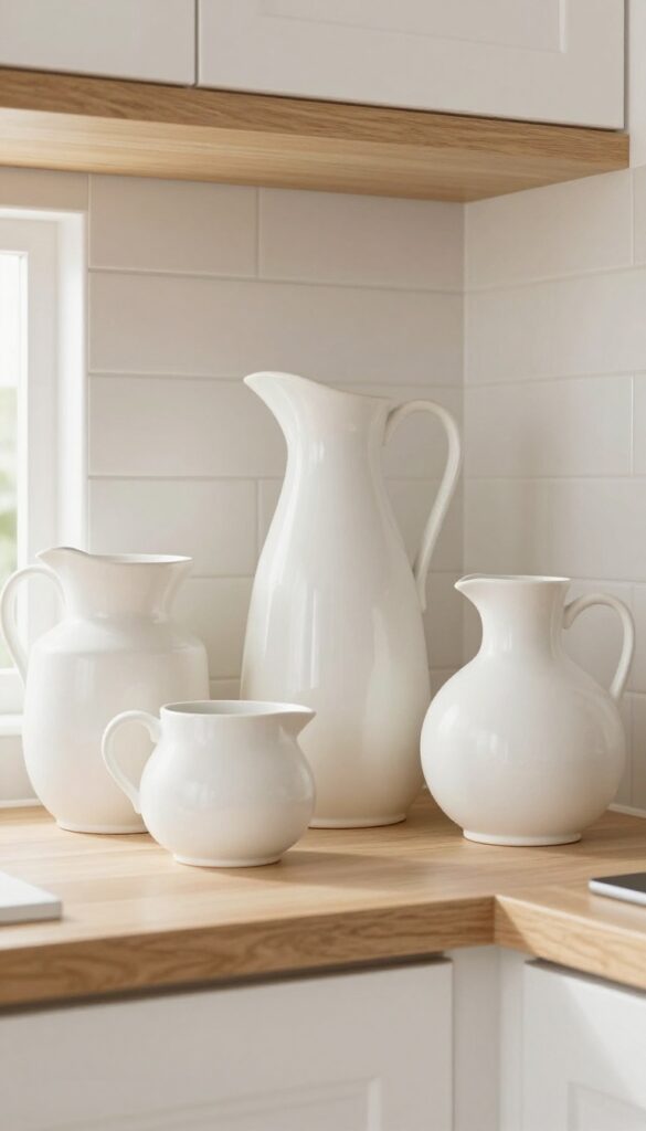 White ironstone pitchers arranged on top of upper kitchen cabinets in a bright, airy kitchen with natural light and neutral tones.