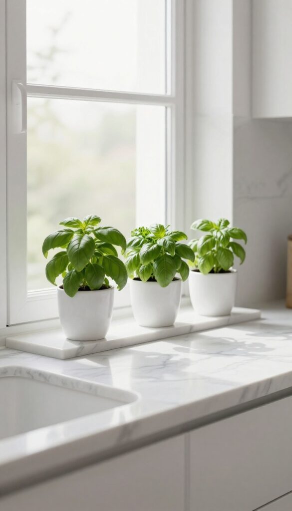 Marble windowsill with herb planters in a bright kitchen