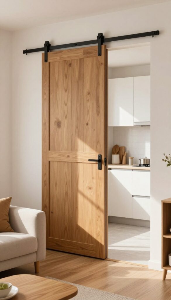 Sliding barn door dividing kitchen and living room in small space
