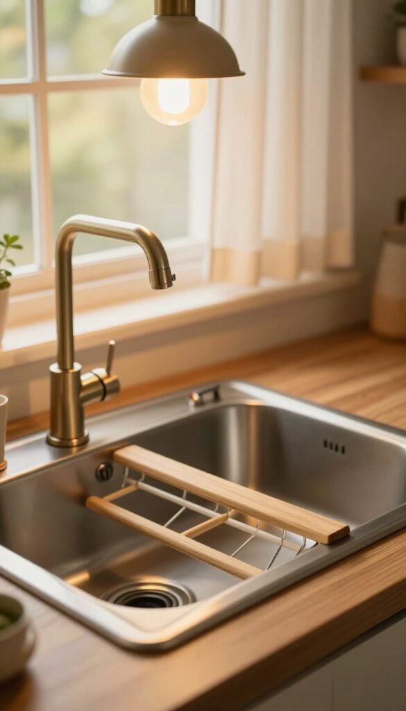 Warm pendant light above kitchen sink in Indian home, cozy and inviting