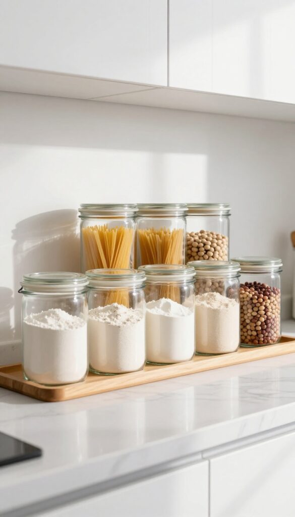 Glass jars on kitchen counter with dry goods