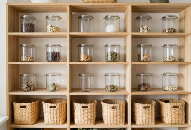 Cozy pantry with organized cans on wooden shelves using tiered risers and clear bins