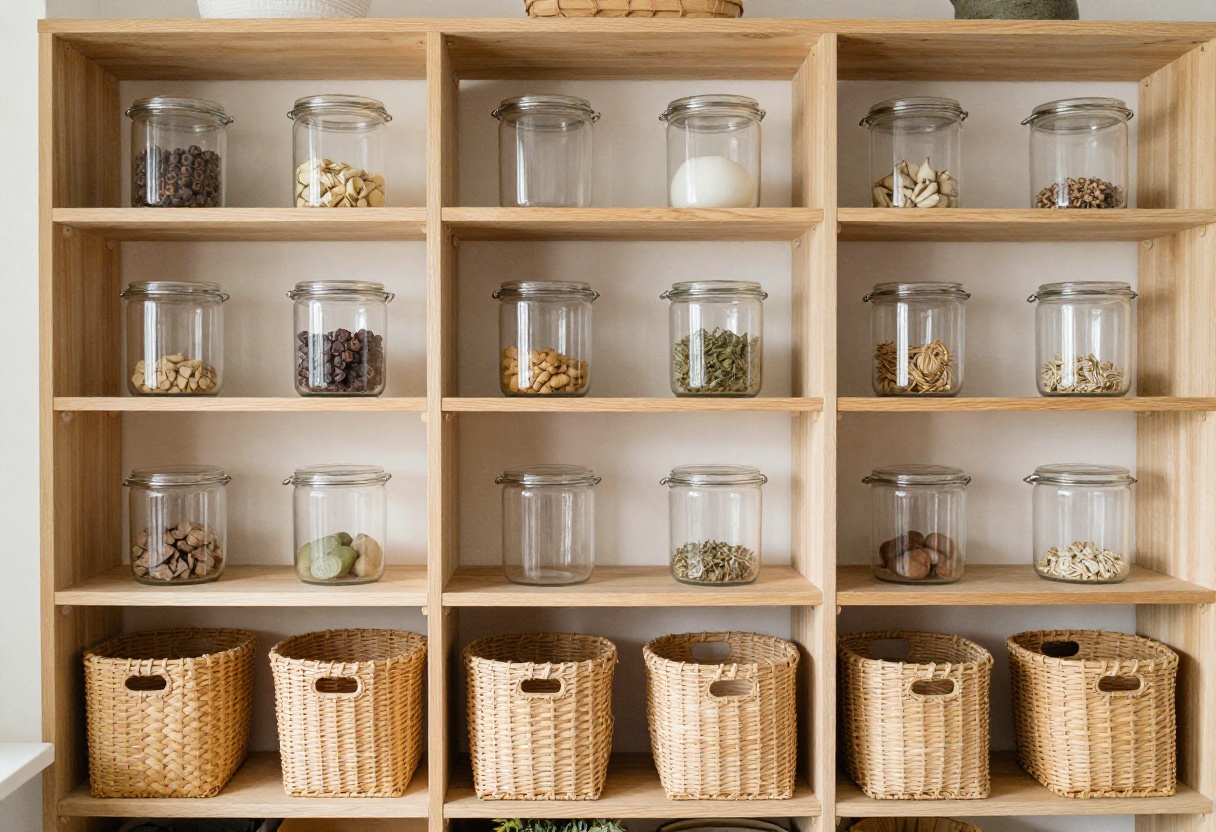 Cozy pantry with organized cans on wooden shelves using tiered risers and clear bins