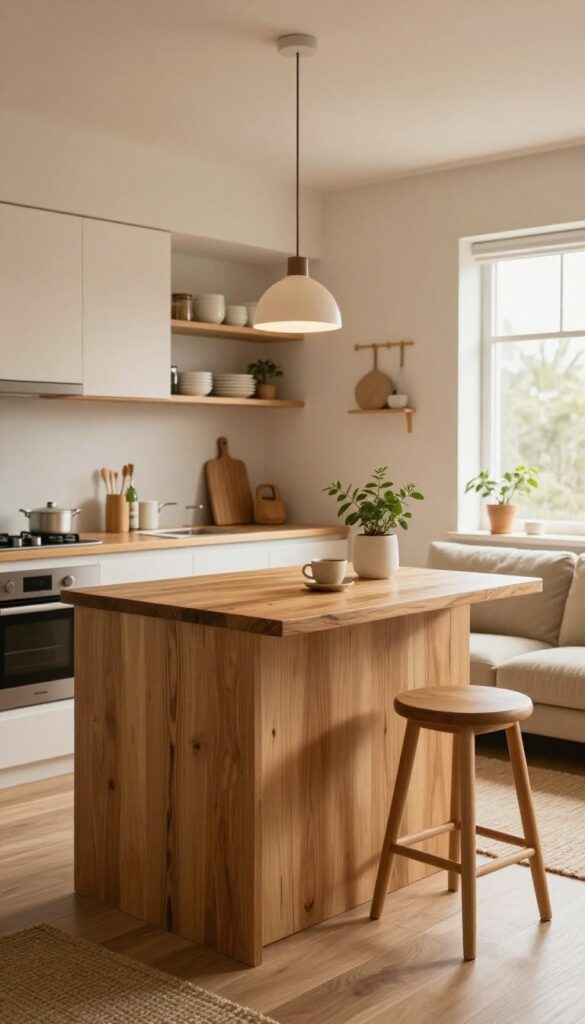 Half-wall with butcher block countertop dividing a small kitchen and living room, with stools and warm lighting.