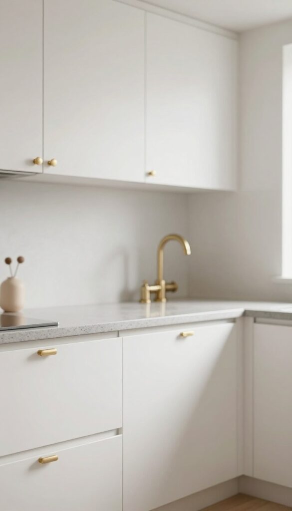 Close-up of brushed gold cabinet pull and faucet on white shaker cabinets with grey quartz countertop, warm natural light, cozy kitchen detail.