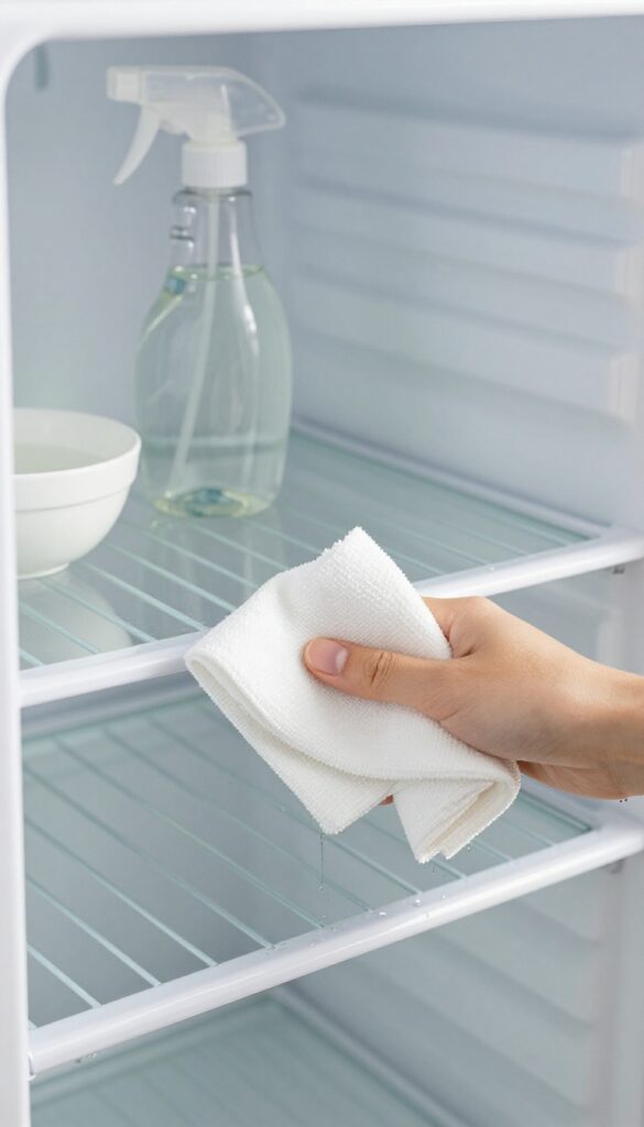 Cleaning a refrigerator shelf with vinegar and water solution using a microfiber cloth