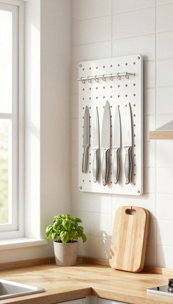 Pegboard with magnetic knife strip and slotted hooks holding knives, wooden cutting board and potted herb on counter