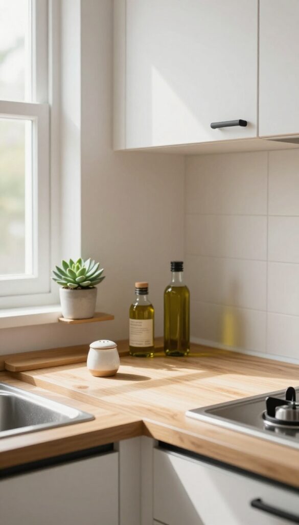 Slim wooden shelf on kitchen countertop with spices and a small plant, IKEA cabinets in background