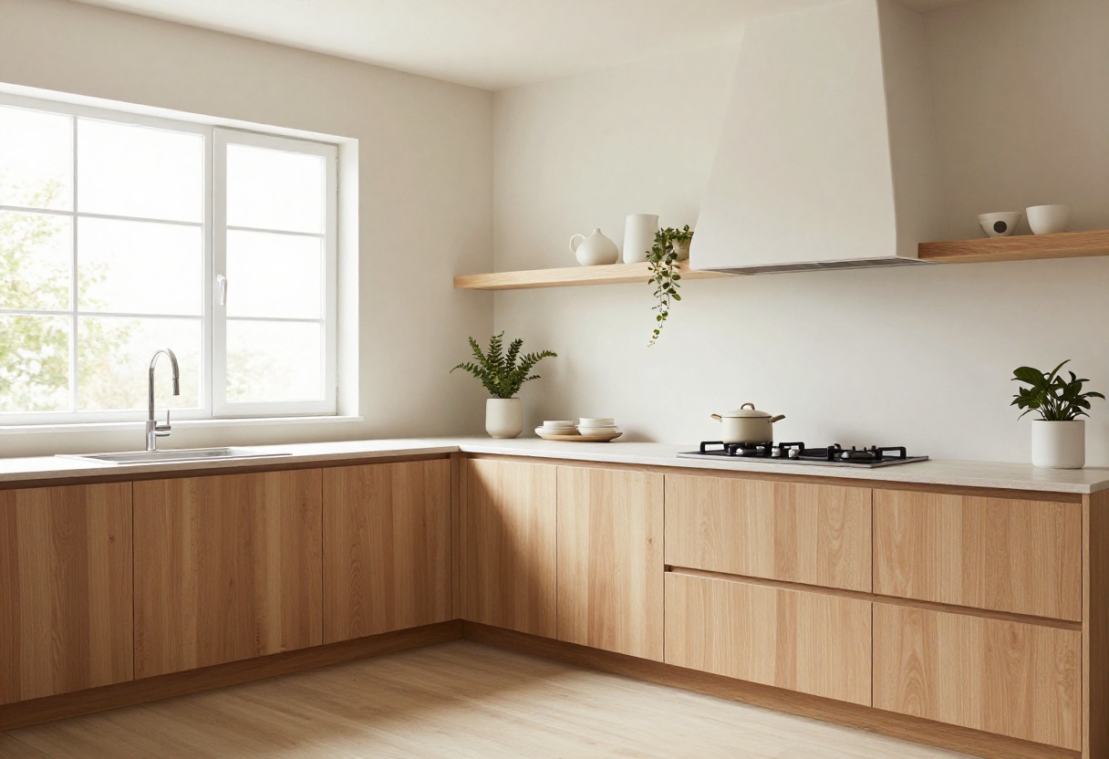 Kitchen mantle with white ceramic decor and a trailing plant above a stove