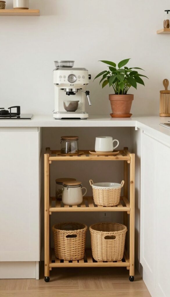 Slim bamboo rolling cart tucked into a narrow kitchen corner gap, styled as a coffee station with a small plant, warm natural light, cozy kitchen decor.