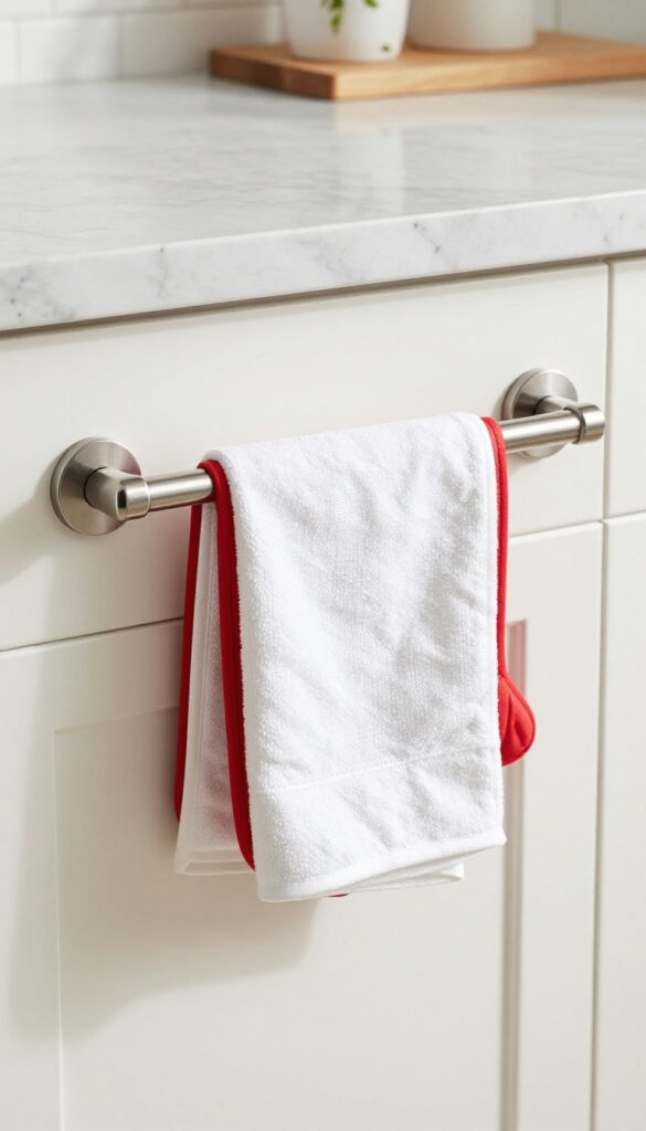 Close-up of a kitchen island side panel with a mounted towel bar holding a white towel and red oven mitt, bright natural light, modern kitchen decor