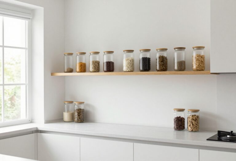 Bright kitchen with organized glass containers on open shelving
