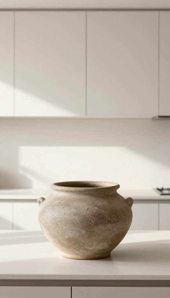 A single large ceramic urn placed above upper kitchen cabinets as a statement piece, with natural light and clean composition.