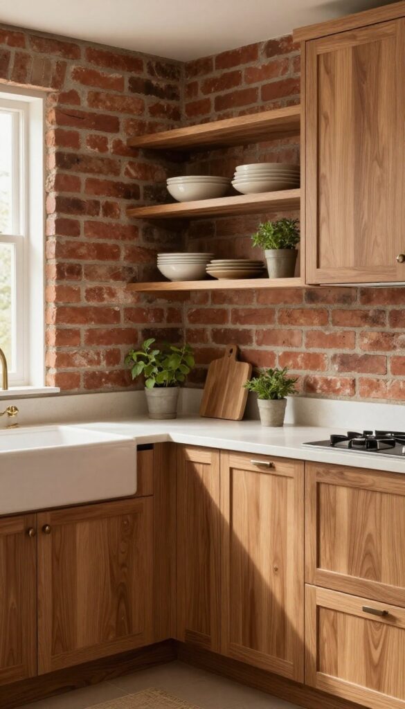 Modern kitchen with brick accent wall and warm wood cabinetry