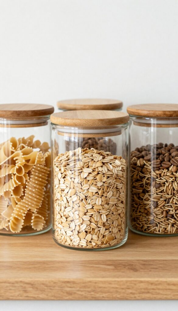 Glass canisters with wooden lids on a kitchen shelf