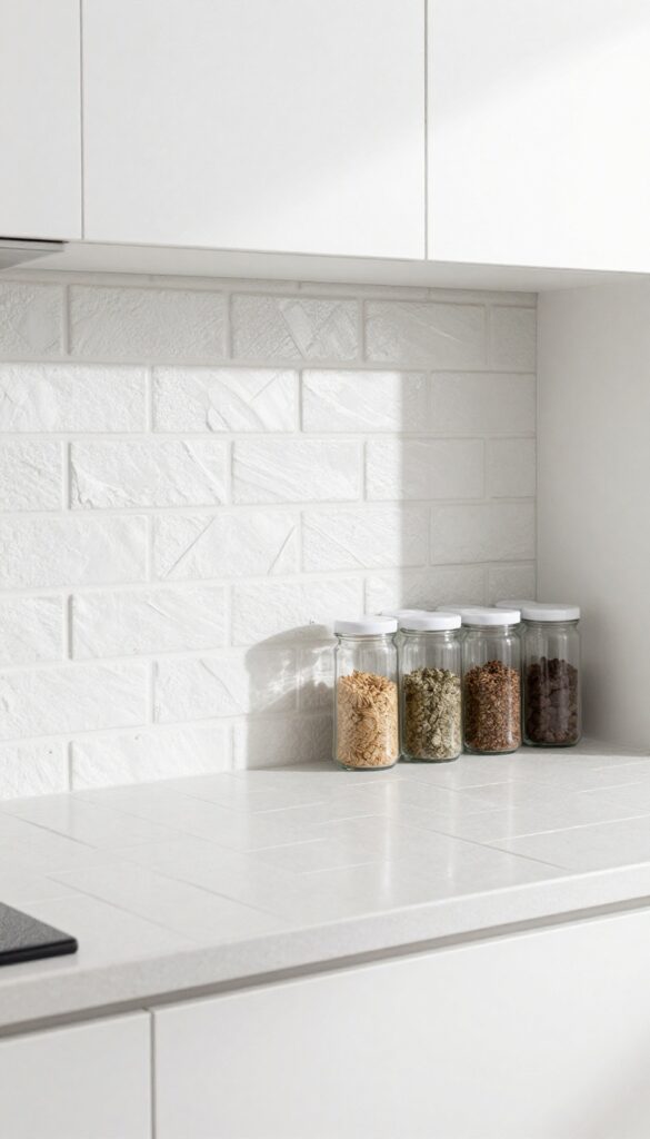 White brick tile backsplash with a built-in spice rack niche, filled with uniform glass jars, natural light, clean kitchen decor.