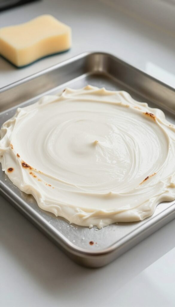 Baking soda paste applied to burnt stains on a baking sheet, with a sponge nearby.
