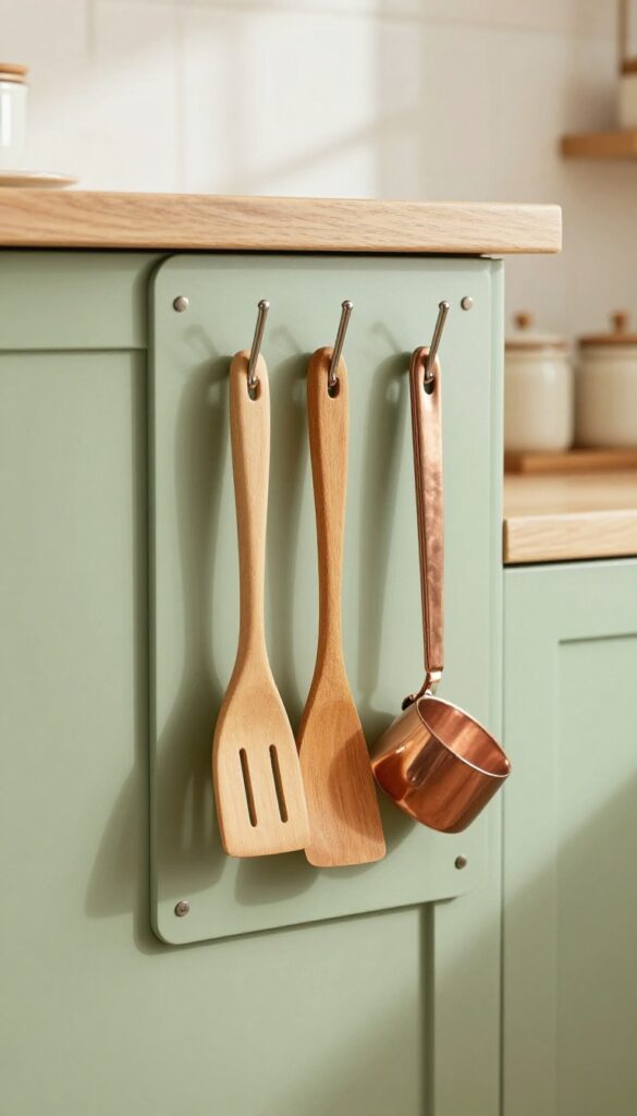 Sage green pegboard on kitchen cabinet end holding utensils and measuring cups