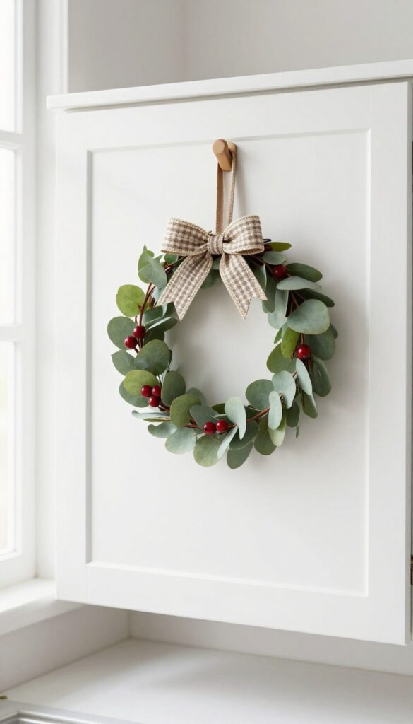Small faux eucalyptus wreath hanging on a white kitchen cabinet door with red berries and plaid bow