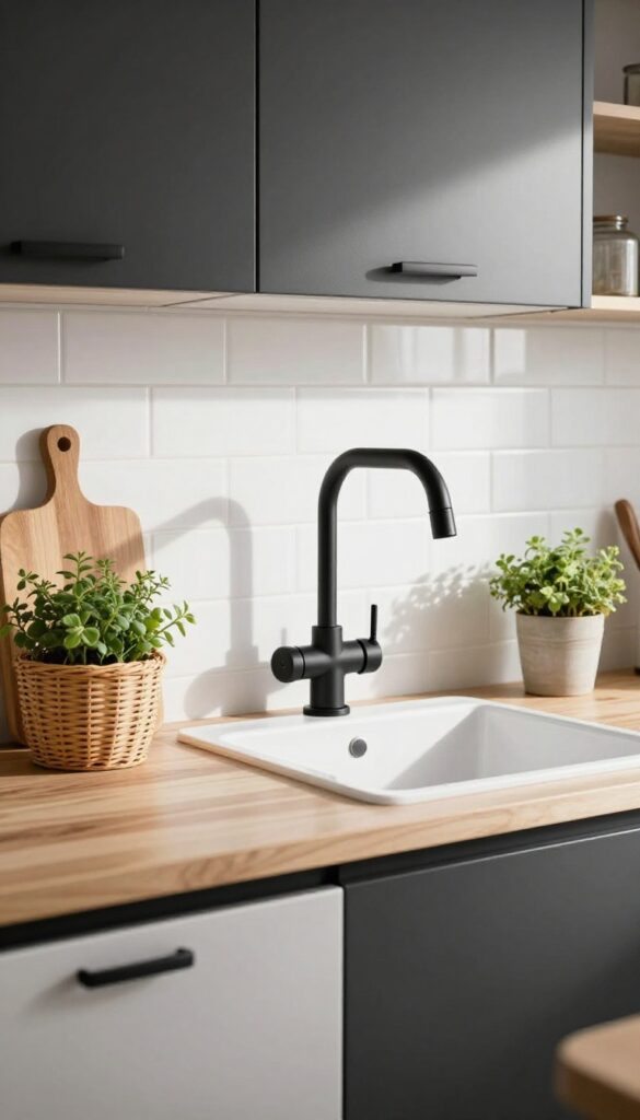 Black and white kitchen with matte black hardware, white subway tile, and warm wood and greenery accents.