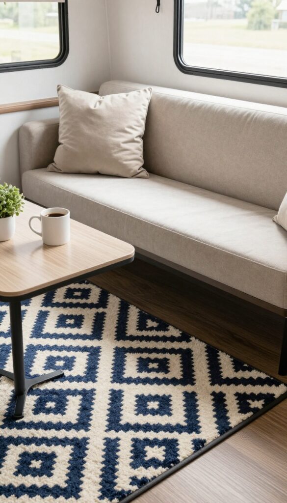 Cozy RV dinette with patterned rug and plush cushion in natural light