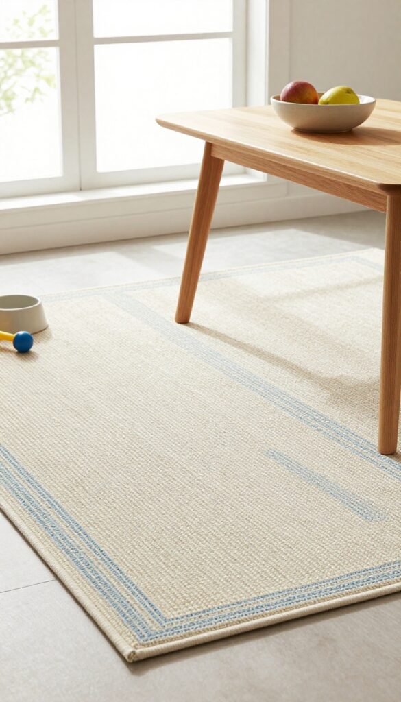 Indoor-outdoor rug under a small kitchen table in a bright dining nook