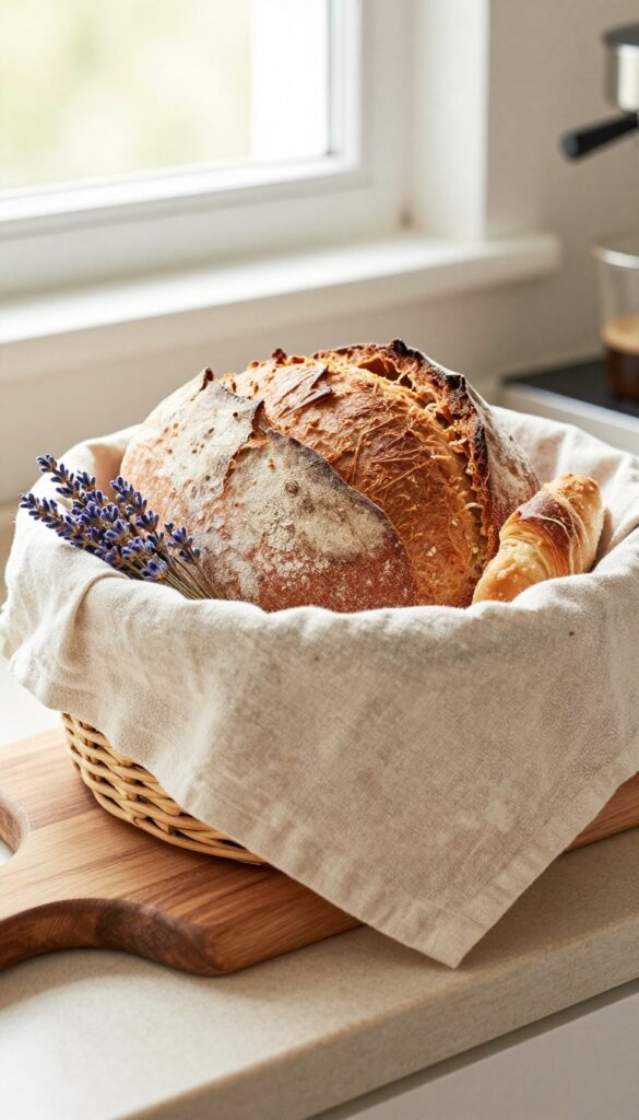 A wide seagrass basket with a linen liner holding fresh bread and pastries on a kitchen counter