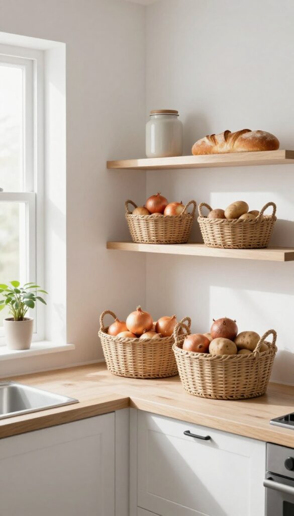 Open shelving with woven baskets storing bulk produce in a bright kitchen
