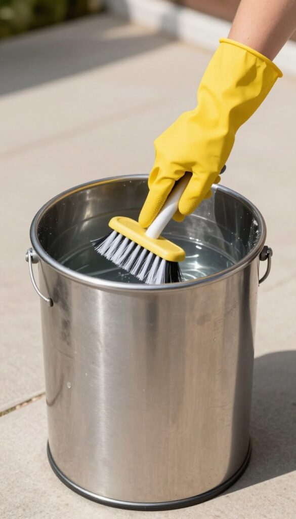 A person scrubbing the inside of a stainless steel trash can outdoors with a brush and soapy water.