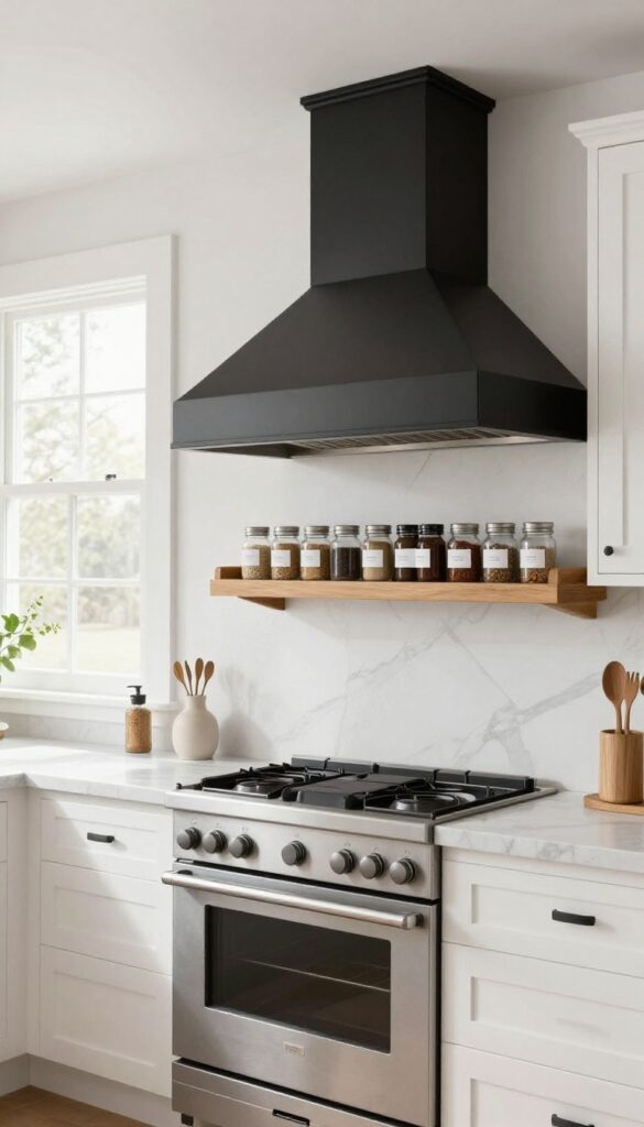 Farmhouse kitchen with a matte black range hood featuring a built-in warm oak spice rack shelf holding glass spice jars, white cabinets, marble backsplash, natural light.