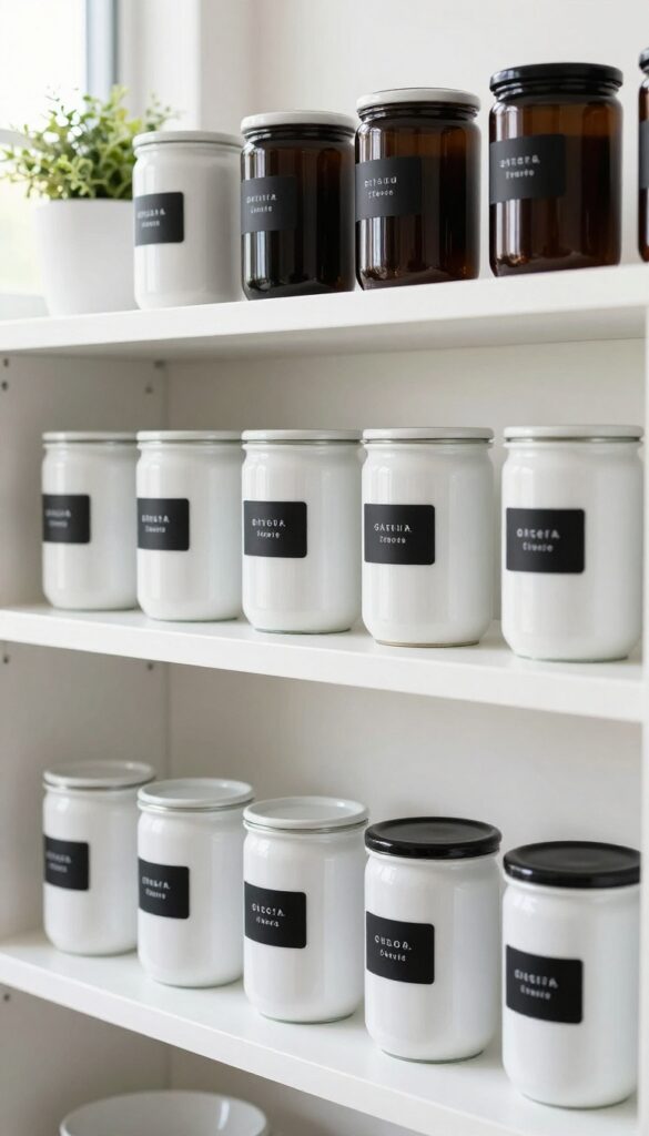 Open kitchen shelves with labeled canisters in modern typography, natural light, clean and organized.