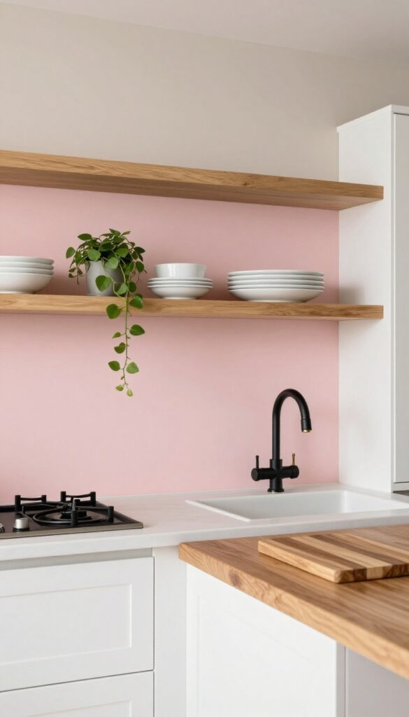 Blush pink accent wall in kitchen with white cabinets and natural wood accents