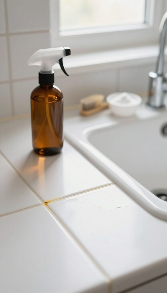 Close-up of kitchen grout being cleaned with hydrogen peroxide, showing before and after effect
