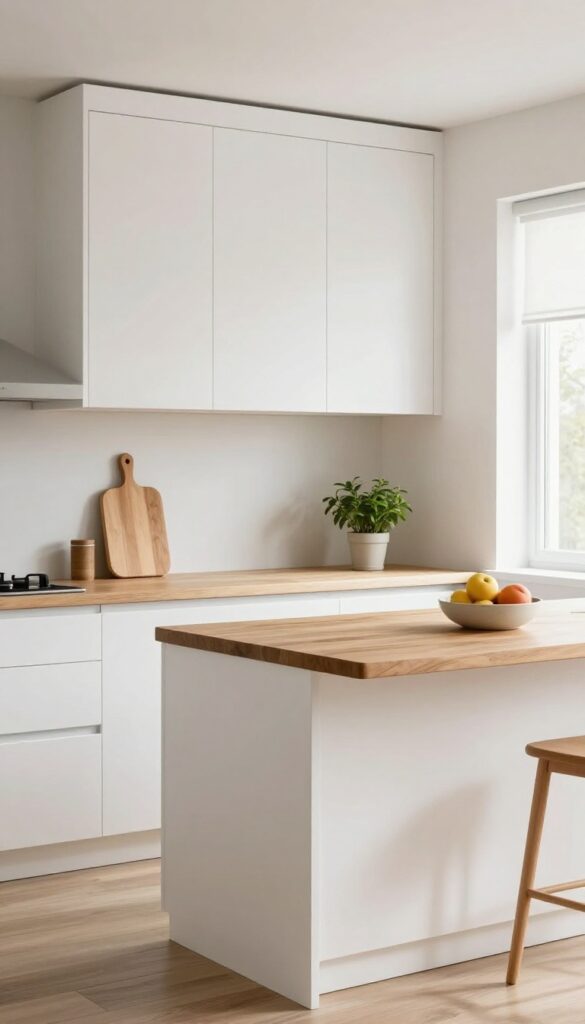 A DIY kitchen island made from two IKEA base cabinets with a butcher block countertop, styled with a cutting board and herbs.