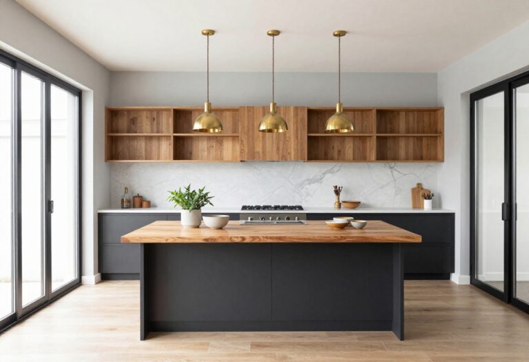 Modern grey and black kitchen with warm wood accents and brass lighting