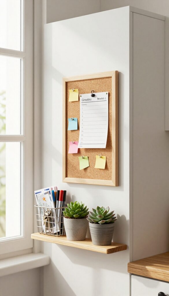 Kitchen cabinet end with corkboard message center, small shelf, and storage basket, bright natural light
