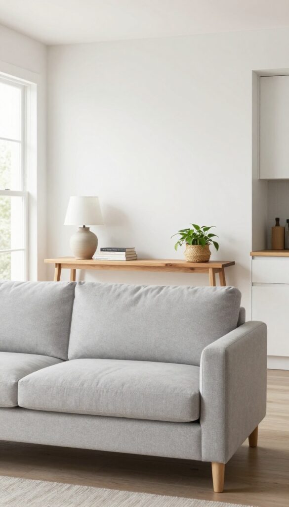 Slim console table behind sofa in open-plan living room with lamp, books, and plant