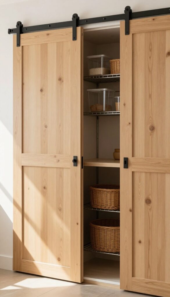 Modern kitchen with hidden pantry behind light wood sliding barn door, organized interior with wire shelves and baskets.