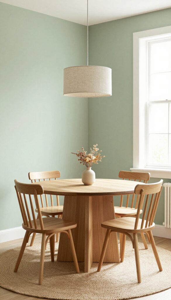 Round oak table with cane-back chairs and linen pendant light in a cozy breakfast corner